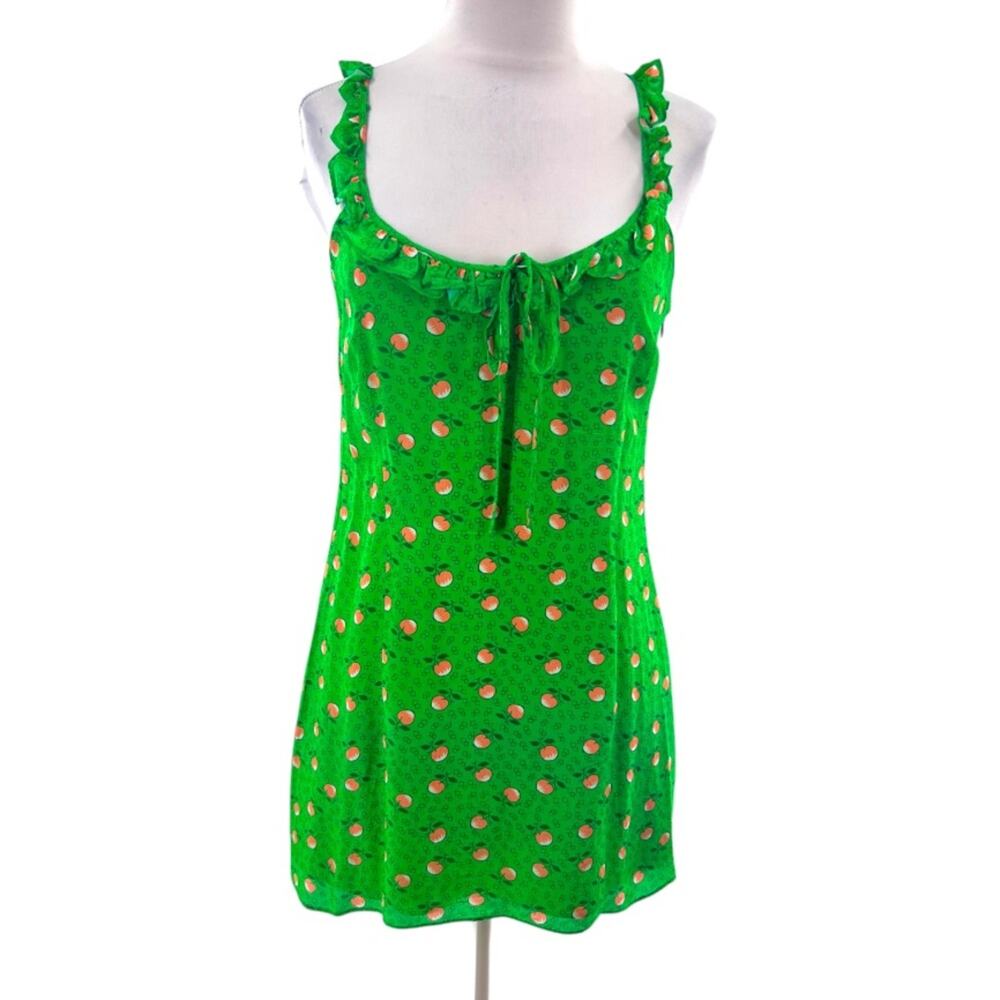 HVN silk crepe de chine mini dress ruffle neck peach print sz 2